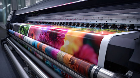 Industrial roll to roll printer producing vibrant high resolution graphics on large format media,...
