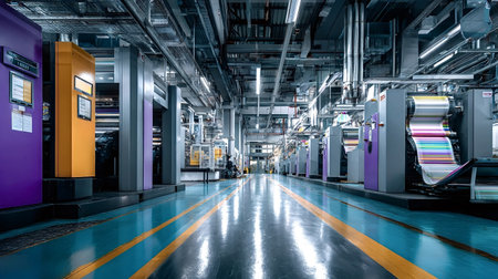 Printing machines and industrial equipment fill a modern factory interior, showcasing high tech...