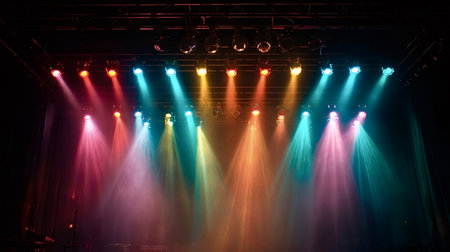 Concert stage featuring multiple spotlights projecting vibrant colorful light beams through atmospheric smoke, creating an exciting atmosphere for a live performanceの写真素材