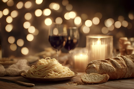 Spaghetti pasta, a bread loaf, and red wine glasses are placed on a wooden table, creating a warm, cozy, and inviting atmosphere for a romantic candlelit dinnerの写真素材