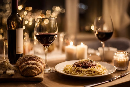 Cozy table setting showing a plate of spaghetti with sauce, wine glasses, a bottle of red wine, bread, and glowing candles, creating an intimate evening ambianceの写真素材