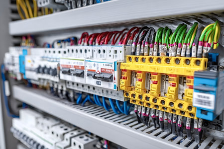 Electrical wires and circuit breakers filling a modern industrial control panel, showing complex...