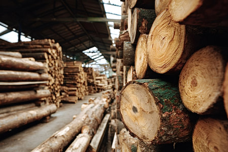 Logs stacked high inside an industrial warehouse, rough bark and visible wood grain awaiting...