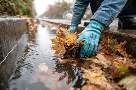 Person wearing blue gloves clearing a clogged street gutter of wet autumn maple leaves after heavy rain, preventing water from accumulating and ensuring proper drainage on the urban roadの写真素材
