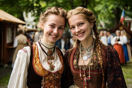 Two young women in ornate embroidered national costumes and braided hair smile together at an...