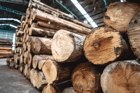 Neatly stacked wood logs stored inside a large industrial warehouse, ready for processing into lumber and other wood products, illustrating bulk raw timber supplyの写真素材
