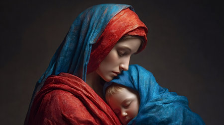 Virgin mary nurturing and protecting baby Jesus, symbolizing the tender bond of motherhood,...