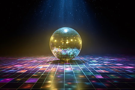 Disco ball illuminating a dynamic, colorful party dance floor with vibrant light reflections, creating an atmosphere of celebration, music, and nightlifeの写真素材