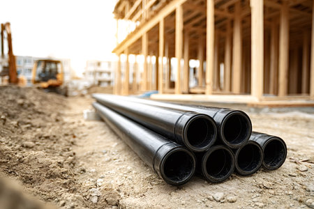 Black plastic pipes are lying on the dirt ground at a construction site, ready for installation...