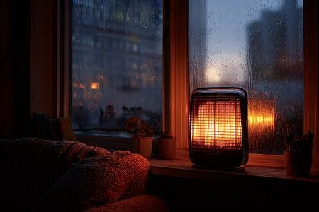 Glowing heater providing warmth and comfort on a windowsill while raindrops fall against the window, creating a serene, cozy atmosphere inside during a cold nightの写真素材