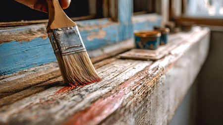 Person's hand holding a paintbrush, applying red paint to a deteriorated wooden window frame,...