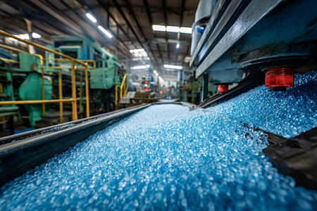 Blue plastic pellets conveying in a manufacturing machine, representing industrial production, raw material processing, and the factory environment for plastic productsの写真素材