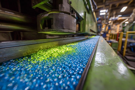Factory machinery processing glowing green and blue plastic beads on a conveyor belt, illustrating...