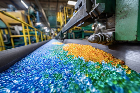 Colorful plastic pellets, including blue, green, and yellow, moving along a conveyor belt, illustrating the manufacturing process in an industrial polymer production facilityの写真素材
