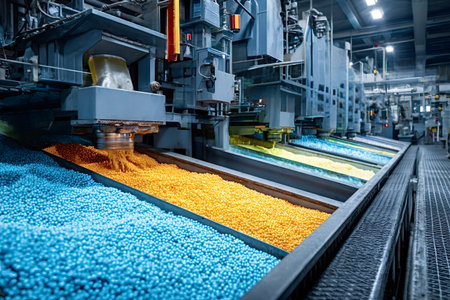 Industrial machinery processes colorful plastic pellets on a production line within a factory,...