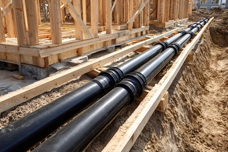 Black plastic sewer pipes are laying in a narrow, freshly dug trench alongside a new wooden house...