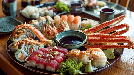 Large platter of fresh Japanese sushi, sashimi and maki rolls with tuna, salmon and king crab legs, served with soy sauce, wasabi, pickled ginger and chopsticksの写真素材