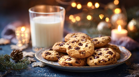 Warm chocolate chip cookies and a glass of milk prepared for santa claus on christmas eve, with festive decorations and glowing lights creating a cozy holiday atmosphereの写真素材