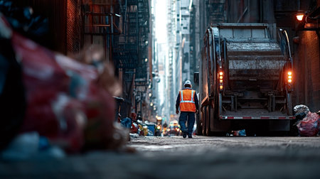 Sanitation worker walking in an urban alley cluttered with trash bags, reflecting essential city...