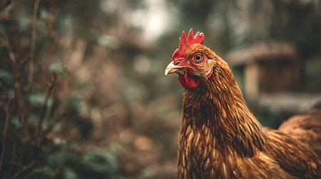 Brown hen on a farm showcasing rich brown plumage, vivid red comb and wattles, attentive gaze and detailed head portrait in a natural free range rural settingの写真素材