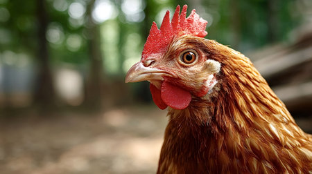 Chicken or hen head showing details of feather pattern, comb, wattle, eye, and beak, representing...