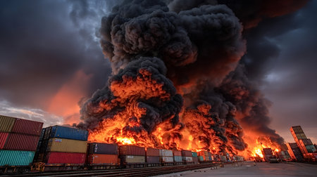 Massive fire engulfs derailed freight train and shipping containers, belching thick black smoke into the sky, symbolizing industrial disaster, pollution and emergency responseの写真素材