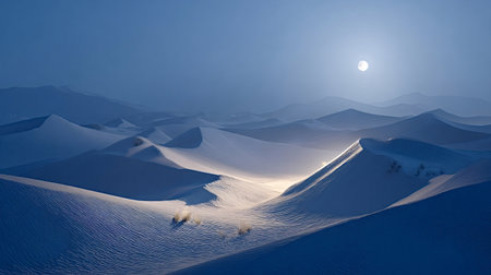 Desert landscape showcasing sand dunes under the clear night sky, with a full moon providing soft illumination and reflecting light on the tranquil, undulating terrainの写真素材