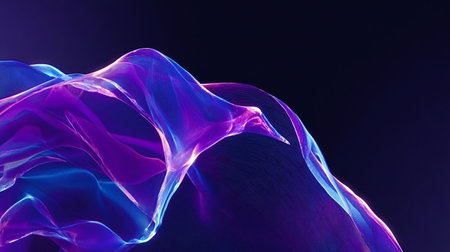 Abstract flowing sheer fabric creating a dynamic wave like form through gradients of purple and blue light, presenting a futuristic or ethereal background textureの写真素材
