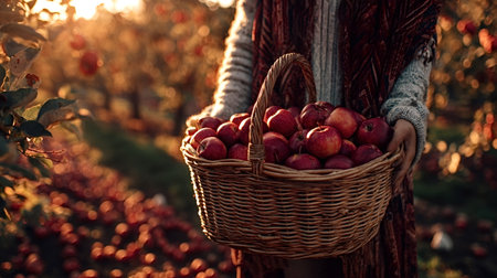 Woman carrying a wicker basket filled with ripe red apples during a golden autumn harvest, standing amidst an apple orchard with blurred autumnal light creating a cozy atmosphereの写真素材