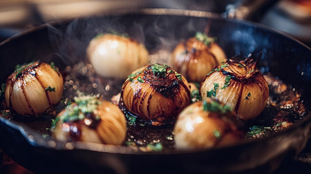 Onions are slowly caramelizing and roasting in a hot cast iron skillet, topped with fresh herbs and a balsamic glaze, creating a flavorful and aromatic dish with inviting steam risingの写真素材