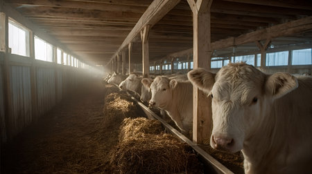 Cows standing along a feed bunk, eating hay inside a wooden barn, with rays of sunlight streaming...