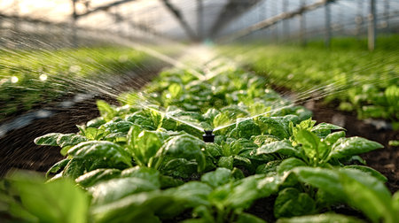 Young green plants growing in controlled environment, being irrigated by an automated sprinkler system, highlighting modern agricultural technology and sustainable farming practicesの写真素材