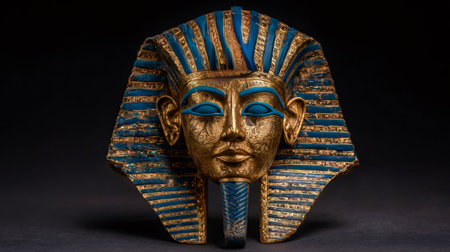 Tutankhamun's iconic golden death mask with blue and gold stripes portraying the young pharaoh, a symbol of ancient egypt's rich history and royal treasuresの写真素材