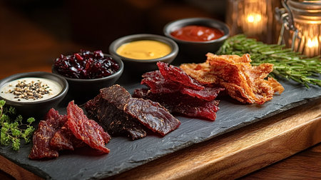 Assorted beef jerky and other dried meat snacks are arranged on a dark slate platter, presented alongside a selection of gourmet dipping sauces and fresh herbs, offering a savory appetizer or snackの写真素材