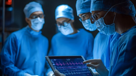 Surgeons in blue scrubs and masks are observing a digital tablet displaying ecg waveforms and...