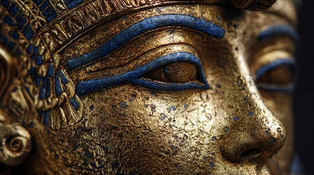 Tutankhamun's death mask presenting intricate detailing with blue lapis lazuli accents and a weathered gold texture, symbolizing ancient Egyptian royalty and eternal legacyの写真素材