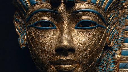 Tutankhamun's iconic golden death mask stands as a powerful symbol of ancient Egyptian royalty, embodied eternal life, power, and the rich cultural heritage of this historical civilizationの写真素材