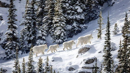 Mountain goats and their young walking uphill through a snow-covered forest, highlighting their resilience and adaptation to harsh alpine environments during the cold winter seasonの写真素材