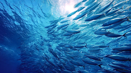 School of silvery fish moving as one in clear blue ocean, sunlight streaming from the surface to...