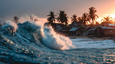 Ocean wave breaking with water spray against a tropical beach village featuring palm trees and rustic dwellings under a vibrant sunset sky, creating a tranquil and exotic coastal sceneの写真素材