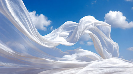 White sheer fabric flows dynamically, creating abstract patterns against a vibrant blue sky with...