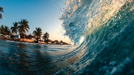 Blue and golden ocean wave curls into a powerful tube, spray and foam flying towards a tropical shoreline lined with palm trees and beach huts at sunsetの写真素材