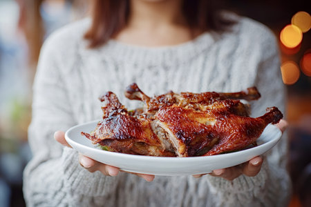 Woman in a cozy sweater holding a white platter of golden roasted duck halves, presenting a savory festive meal ready to serve at home or in a restaurant celebrationの写真素材