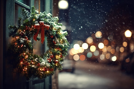 Festive christmas wreath decorating an entrance, featuring green pine branches, red ornaments, string lights, and a bow, with falling snow and colorful bokeh city lights in the blurred backgroundの写真素材