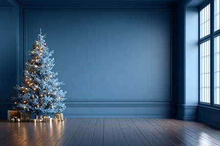 Blue room featuring a christmas tree decorated with glowing lights and snow, surrounded by wrapped gifts on a wooden floor next to a large window, conveying holiday elegance and winter celebrationの写真素材