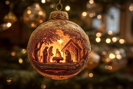 Gilded christmas ornament depicting the holy nativity scene glowing warmly, hanging on a decorated evergreen tree with festive bokeh lights creating a spiritual and celebratory atmosphereの写真素材