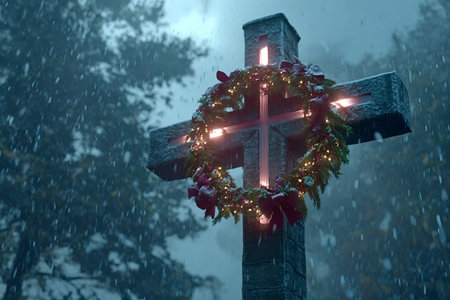 Stone cross standing in a snowy forest, adorned with a glowing Christmas wreath, symbolizing hope, remembrance, and the spiritual essence of the winter holiday seasonの写真素材