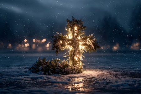 Illuminated evergreen cross, wrapped with warm twinkling christmas lights, standing in fresh snow during a winter night with falling snowflakes and distant bokeh lightsの写真素材