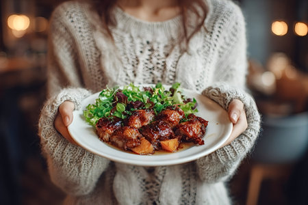 Woman wearing a warm knitted sweater holding a white plate with perfectly glazed meat, golden fried potatoes or fruit, and fresh green salad, presenting a cozy, delicious mealの写真素材