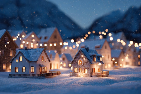 Miniature village houses covered in freshly fallen snow, glowing with warm lights at dusk, creating a cozy and festive atmosphere during the winter holidaysの写真素材